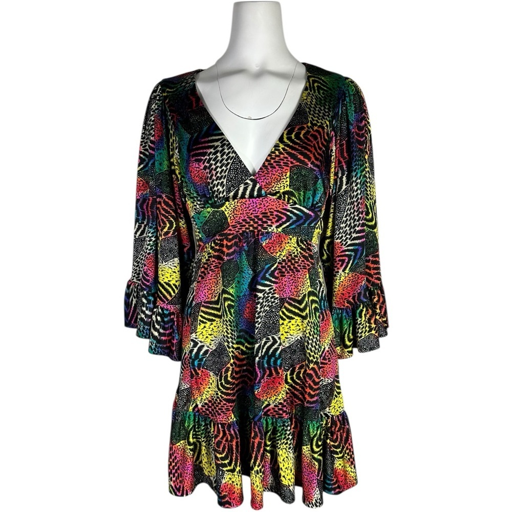 Betsey Johnson Collection Bambi Boho Bell Sleeve Dress Rainbow Colors Size 8